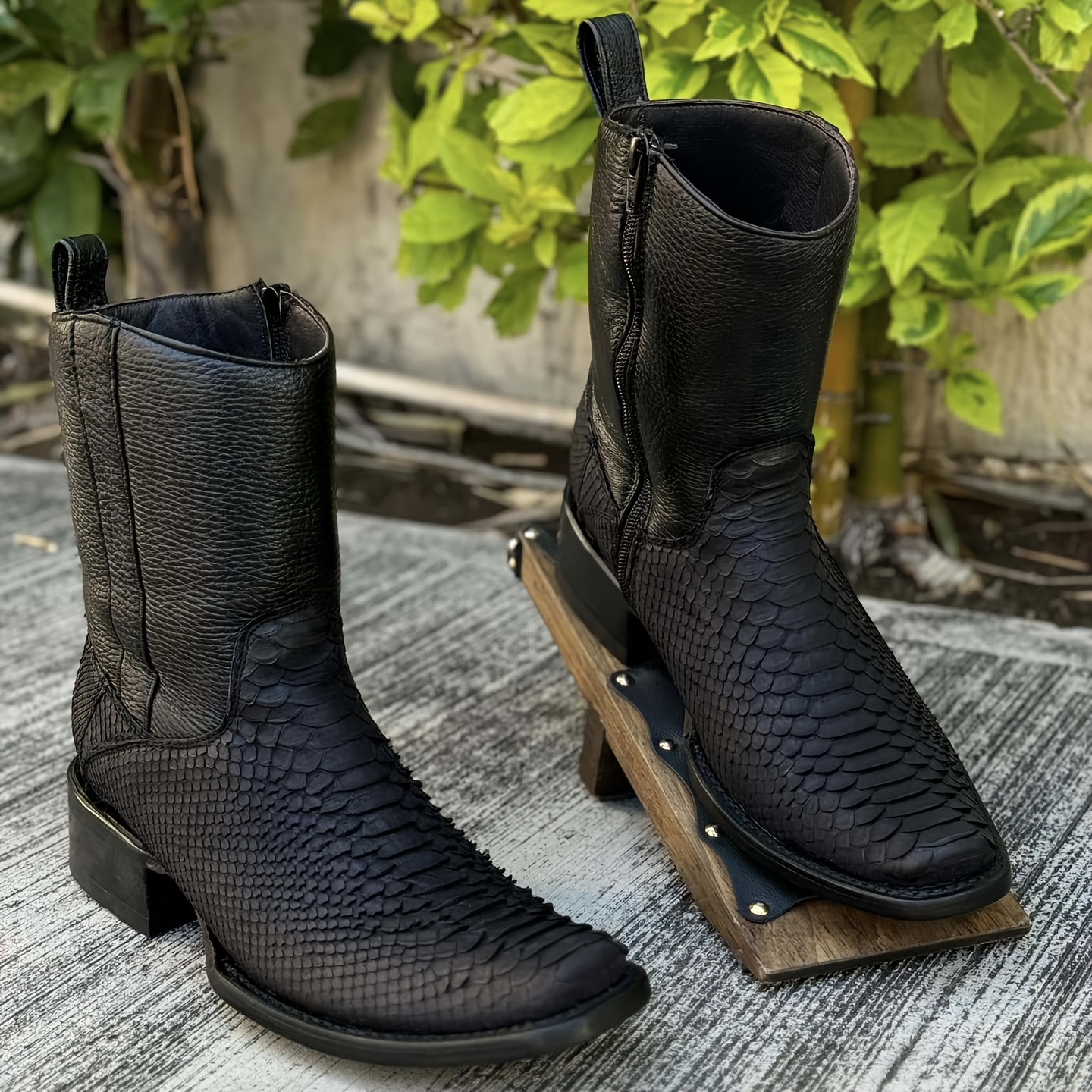 Neue Herrenstiefel Mit Klobigem Absatz Im -stil, Krokodil-quadratzehe, Schlangenmuster, Western-cowboystiefel Mit Mittlerem Schaft, Retro-kurzstiefel