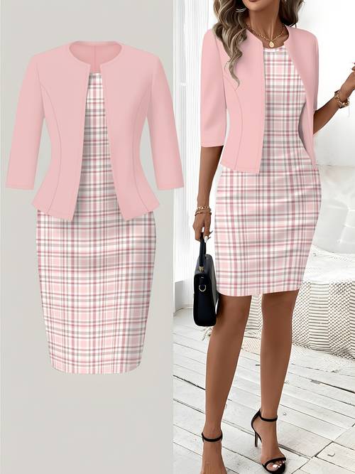 item picture qc printed design pink and white pattern print crew neck dress set