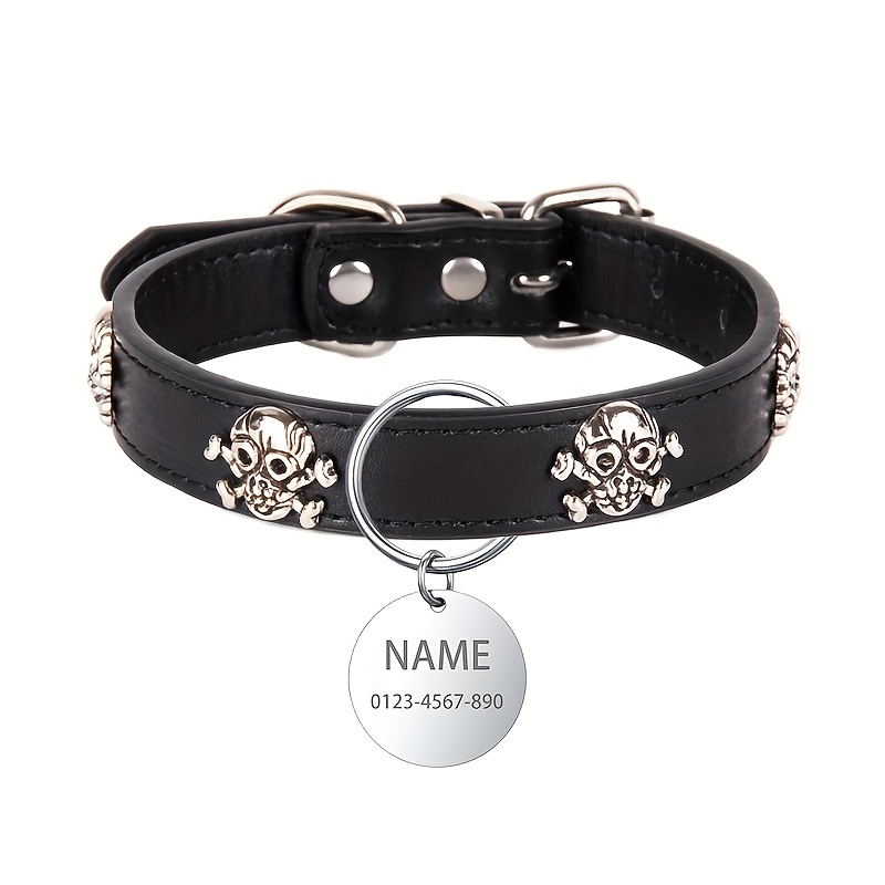 TEMU Collare per Cani in Pelle Personalizzabile con Targhetta - e Telefono Personalizzabili, Collare Decorativo Antiperdita con Pirata in Metallo,