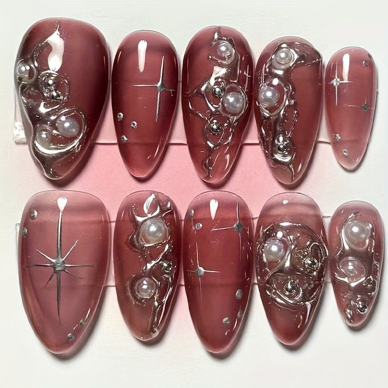 

30pcs Set Of Red -shaped Press-on Nails With & Pearl Accents - Short, False Nails For Hands And Feet