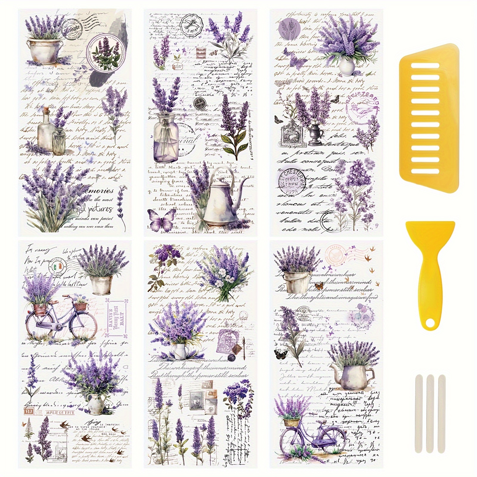 

6 Style 6 Sheets Lavender Rub-on Transfer Stickers: Waterproof Decals With Copywriting For Greeting Cards, 12 X 6in
