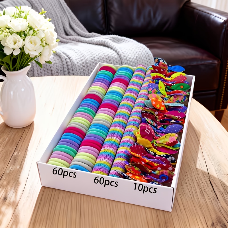 Image of 130pcs Sweet Colorful Set Of Bunny Ear Hair Ties, Elastic Hair Bands, Towel Rings, Polka Dot, Striped, And Floral Fabric Hair Ties