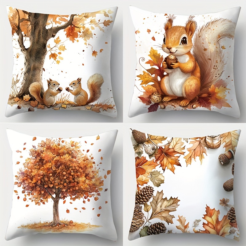 

4pcs Autumn-inspired Squirrel & Tree Print Throw Pillow Covers, Contemporary Style Woven Polyester Cushion Cases, Hand Wash Only, Zipper Closure, Decorative Pillowcases For Living Room