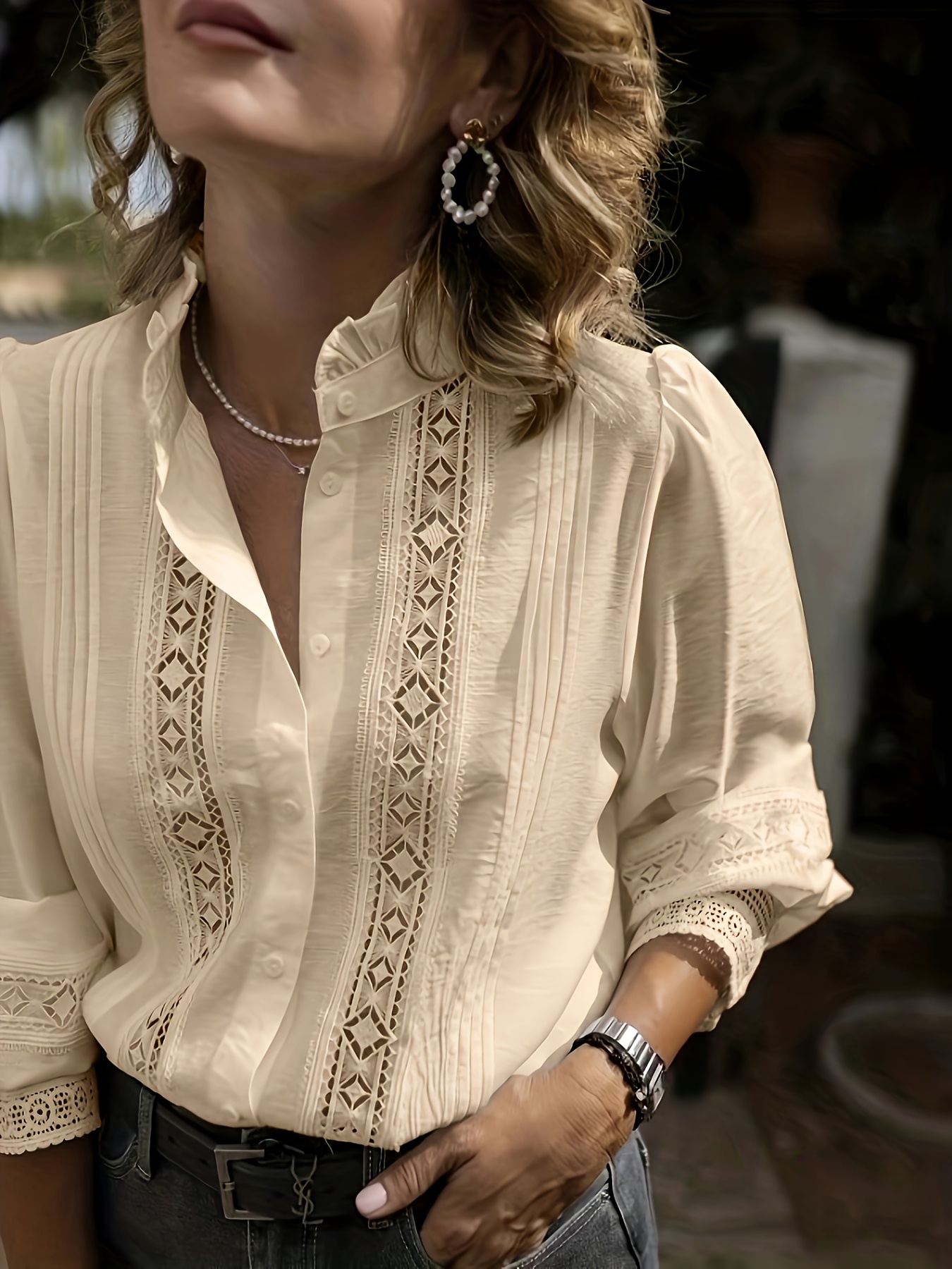 blouse à manches longues femmes bordure en dentelle Temu Mauritius