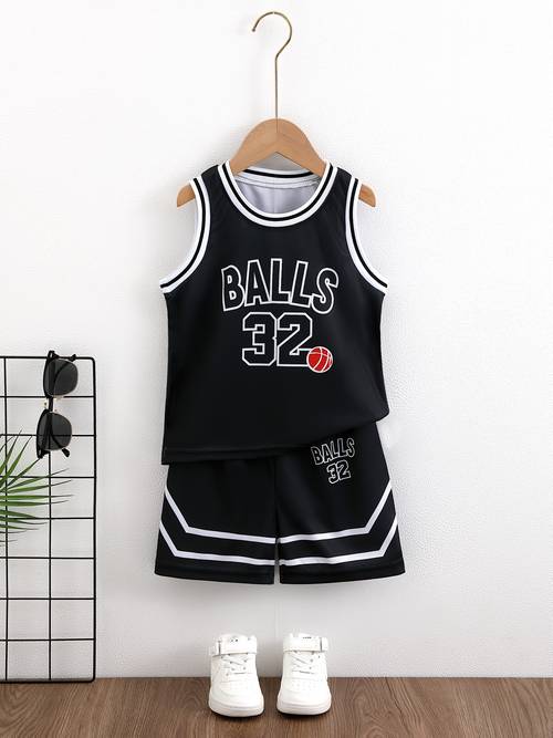 랜덤 1세트 (조끼 1개 + 반바지 1개 2종 세트 포함): balls 레터 프린트 스포츠 저지 조끼와 반바지 세트. 농구 balls 레터 프린트 패셔너블한 남아용 스포츠웨어, 야외 활동에 적합