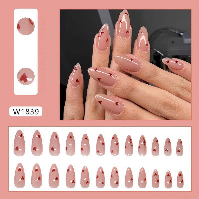 TEMU 1 Set Nude Almond Shaped Press-on Nails With Glossy Red , Fashionable And Versatile, Medium Length, A Chic And White-enhancing Look, European And Nail Art