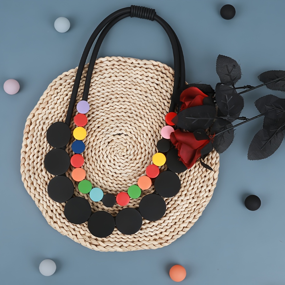 Geometric Round Color Block Pendant Necklace, Bohemian Style