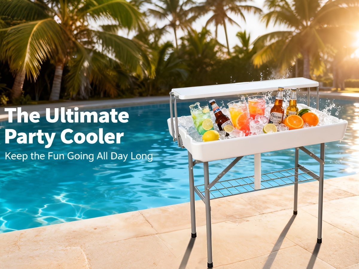 Double-Layer Cooler Table with Drain And Storage Rack, Portable Folding Ice Cooler Table with Matching Skirt for Picnic, Party, Outdoor Events, Camping, Wedding, 40.5 X 39.3 X 22.04 Inches
