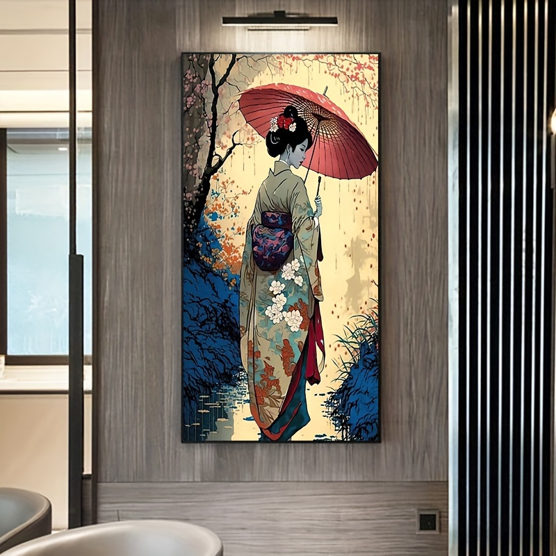 

Kit de peinture diamant Geisha japonaise pour adultes - Art diamant rond 5D en perçage complet, décoration murale de maison de beauté Sakura, ensemble d'artisanat en gemmes acryliques 40x70cm