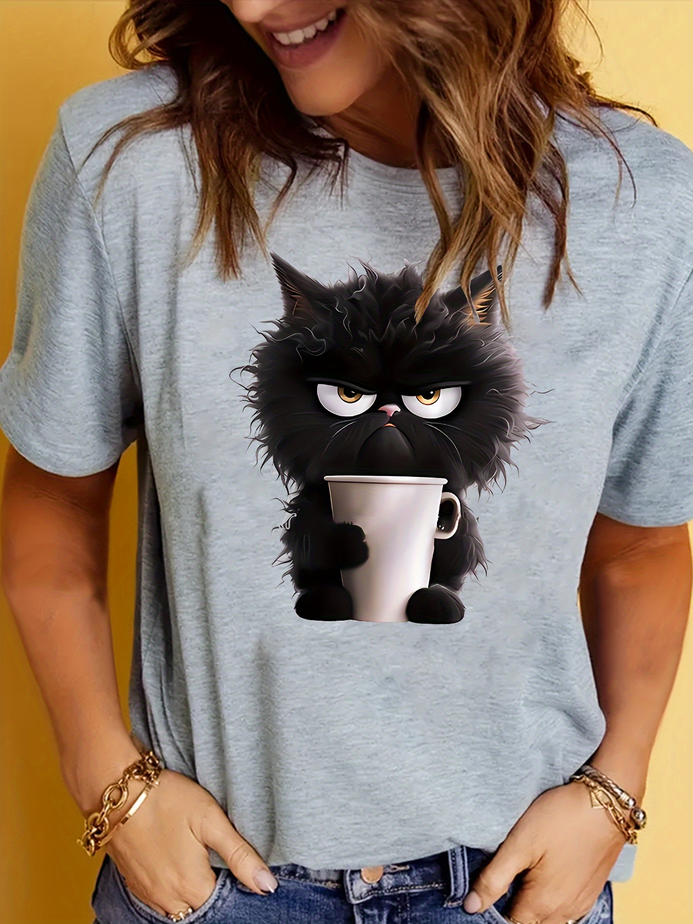 Women's Casual Sporty T-Shirt, Black Cat Print, Comfort Fit Short Sleeve Tee, Fashion Breathable Casual Top