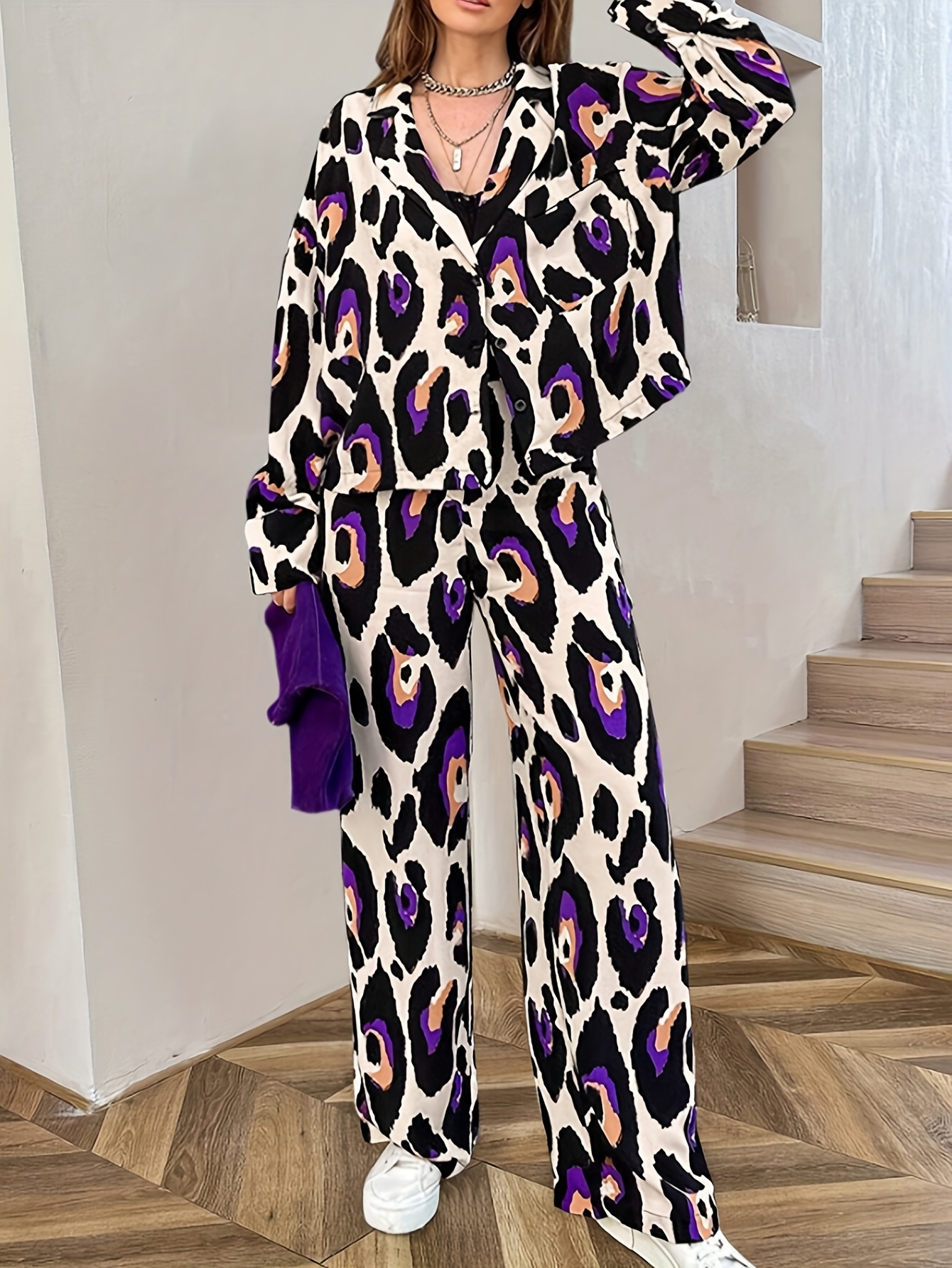 women's elegant leopard print suit set high waisted pants Temu