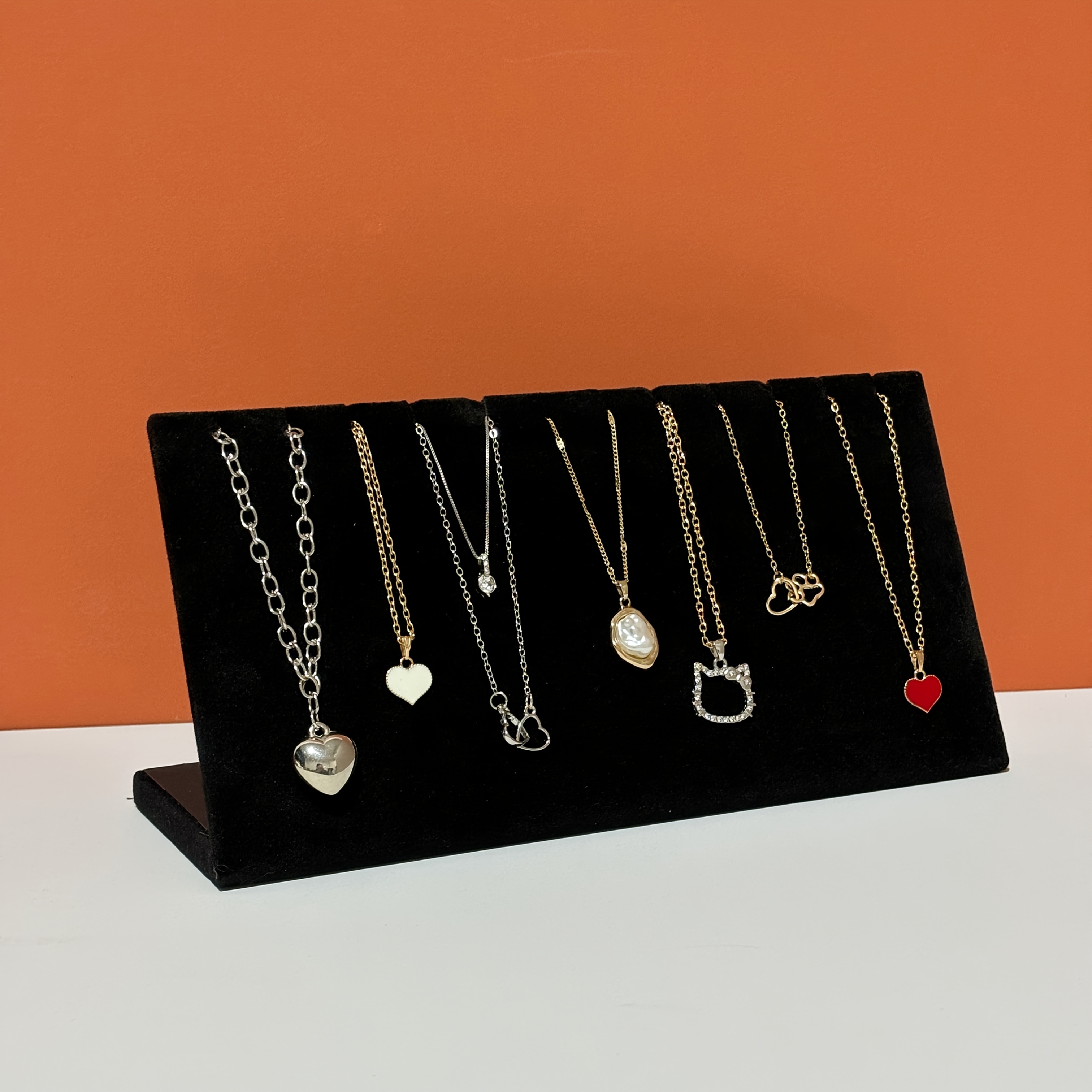 Image of 12 Slot Velvet Necklace Display Stand, L-shaped Durable Soft Material - Home And Boutique Jewelry Display Organizer, Black/gray