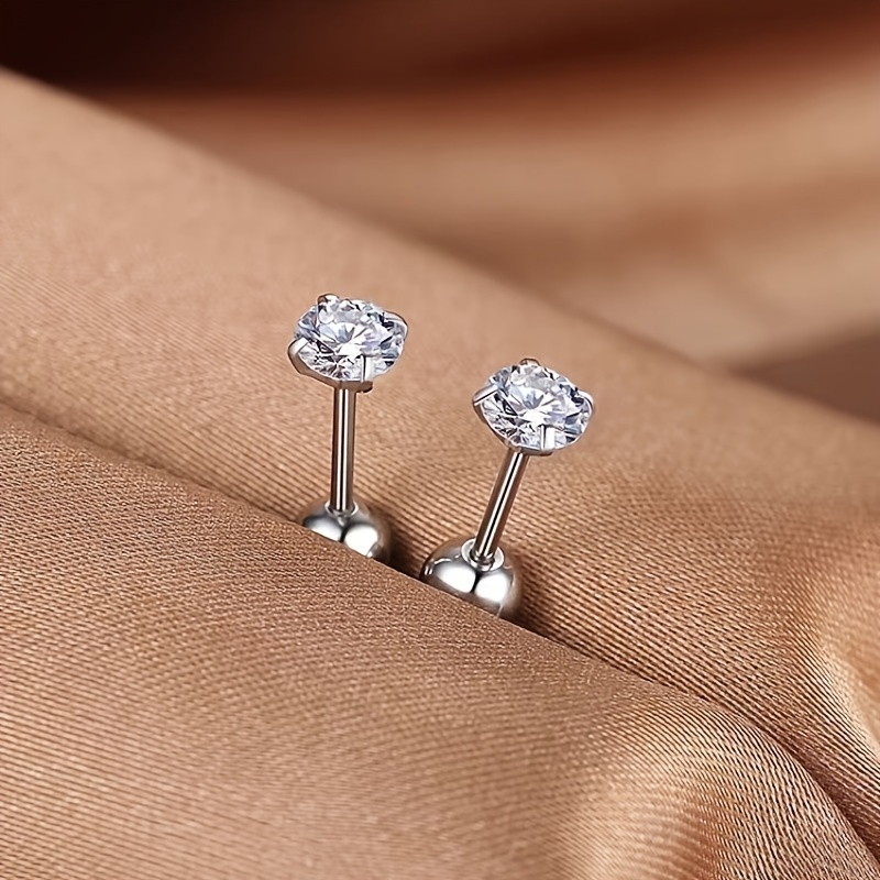 Cubic Zirconia Stud Earrings for Men, Threaded