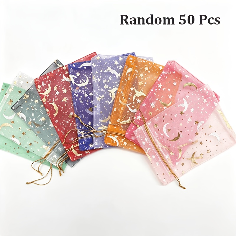 TEMU 50pcs Christmas Gift Bags | Moon And Star Pattern Mesh Candy Bags, Drawstring Storage Bags, Transparent Packaging Bags, Random Mixed Colors,