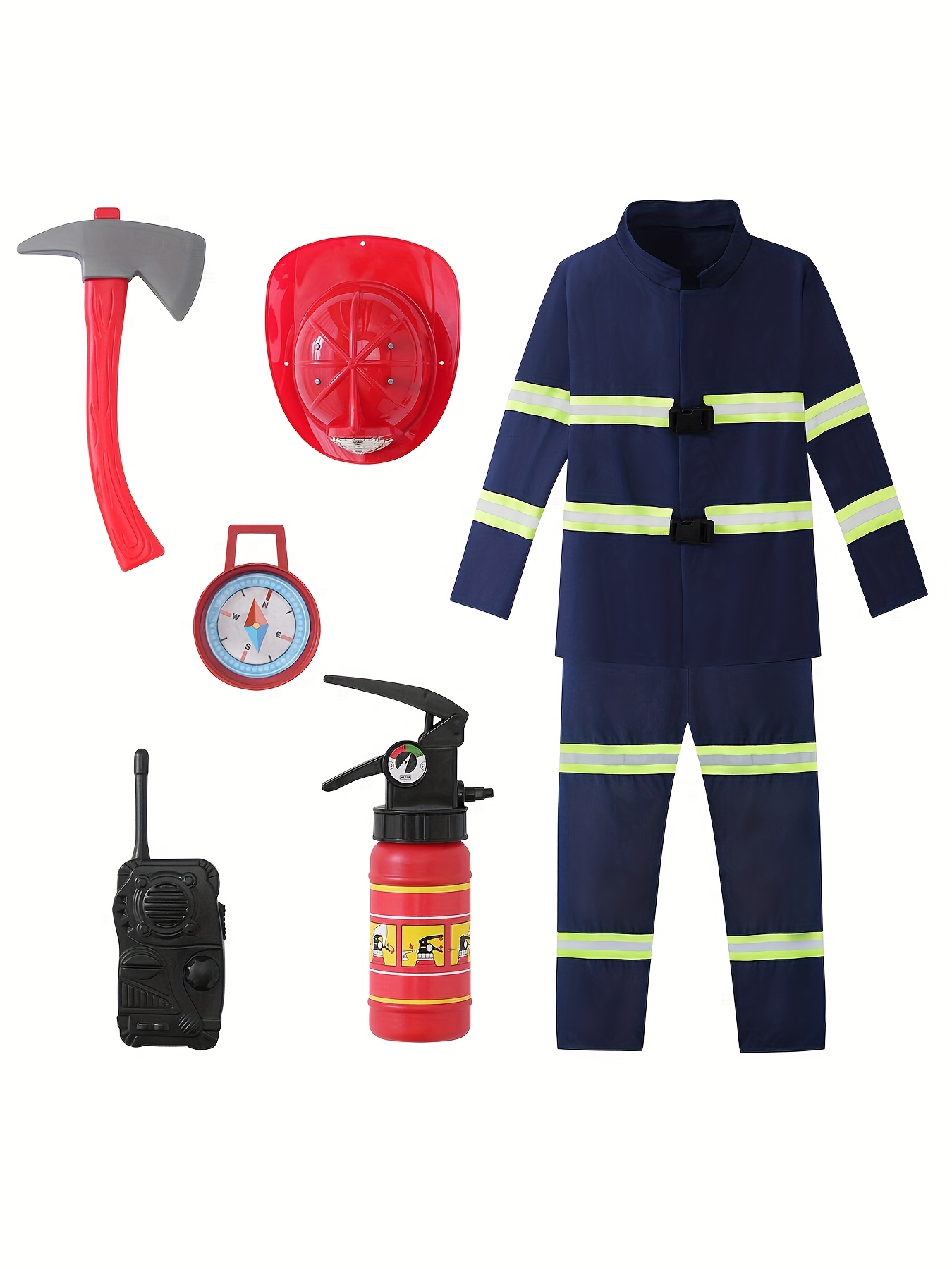 7pcs stylish and   blue firefighter costume set   a blue long sleeve jacket with fluorescent stripes matching pants walkie talkie accessory fire extinguisher compass axe helmet and more   firefighting drills halloween cosplay festival performances stage outfits or party costumes suitable for   and