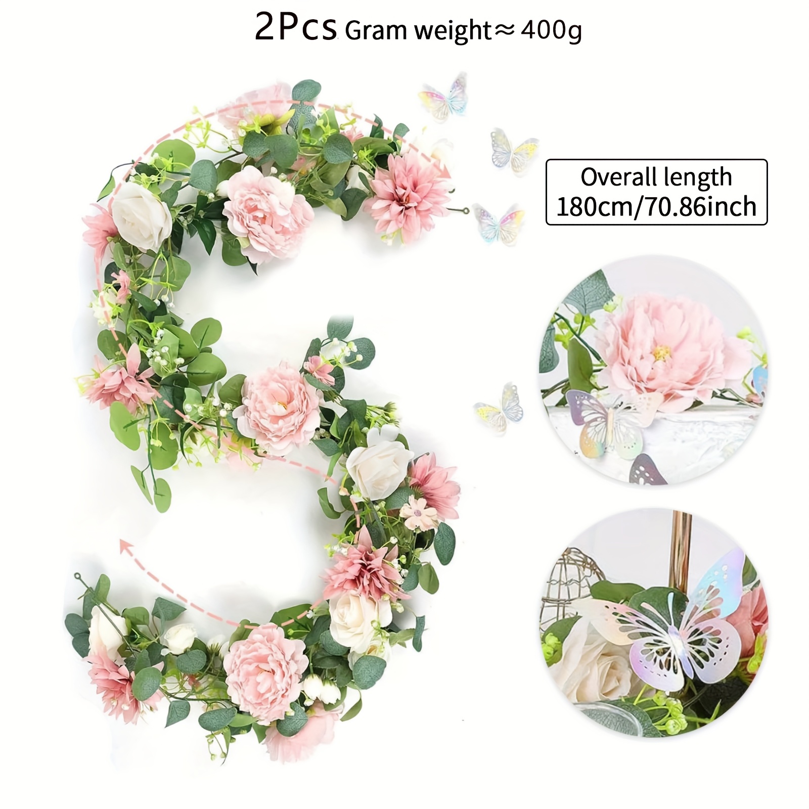 Image of 2pcs 70.86 Inch Decorative Flower Artificial Roses Green Leaf Vine Wedding Flower Vine For Wedding Diy Decoration Gardening Lawn Home Decor Decorations