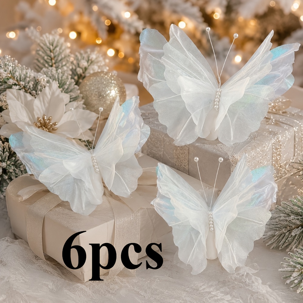 TEMU 6-pack Large Pearlescent Iridescent Simulated Butterflies, Light Elegant Hangable Ornaments For Christmas Tree Fireplace Wedding Window Display,
