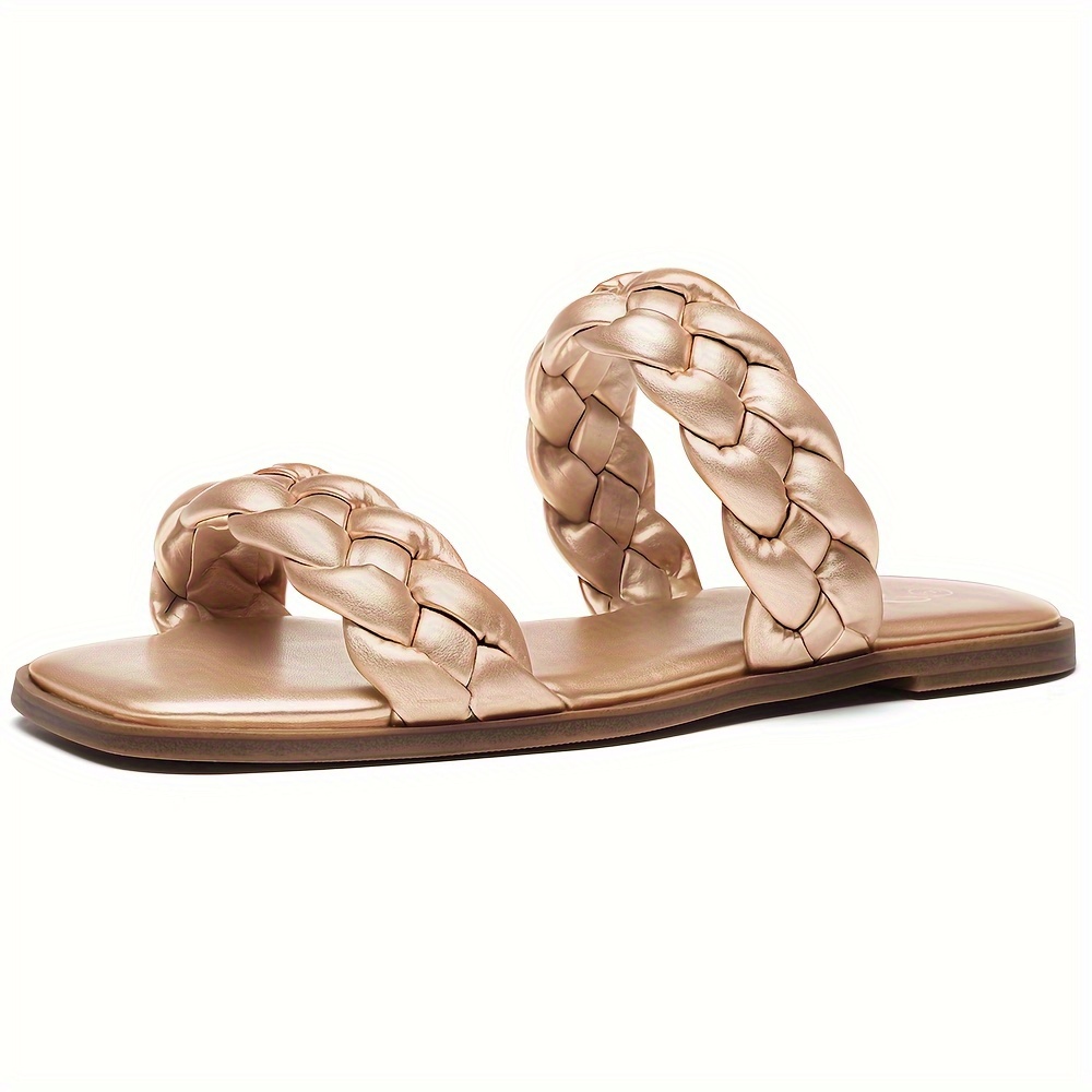 

Women's Fashion Braided Square Open Toe Slide Sandals, Flat Slip-on Slippers, Pu Leather, Casual Summer Footwear