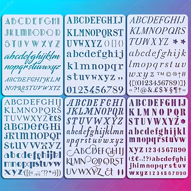 E-shop 6-teiliges Kalligraphie-Vorlagen-Set 19,99 x 15,01 cm, inklusive Zahlen und Symbole, geeignet für Malerei, Tagebücher, Termine, Grußkarten,