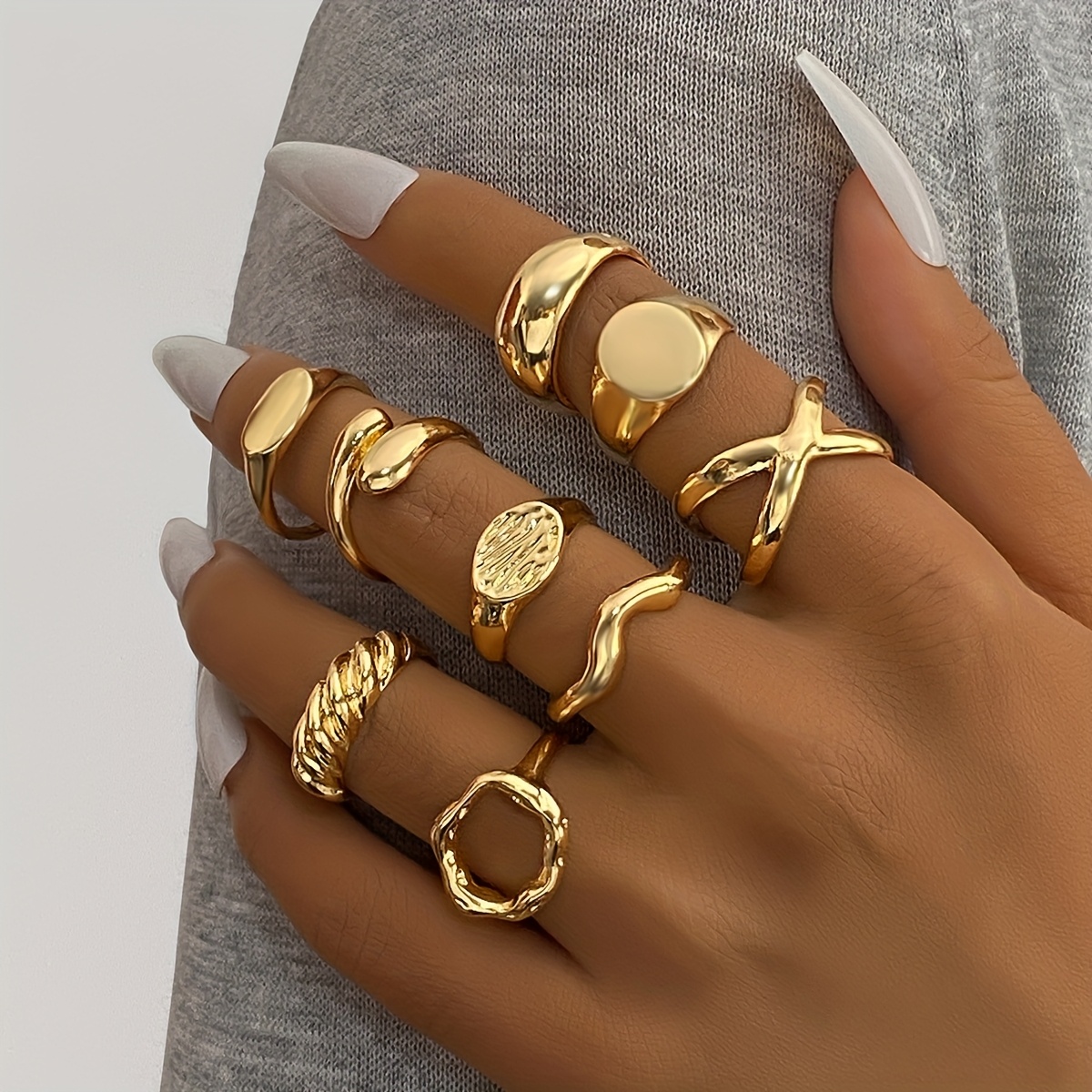 

Set Of 9 Exaggerated Retro Delicate Style Smooth - Geometric Twisted Wave Rings For Women To Stack And Wear For Parties, Dates, And Gifts.