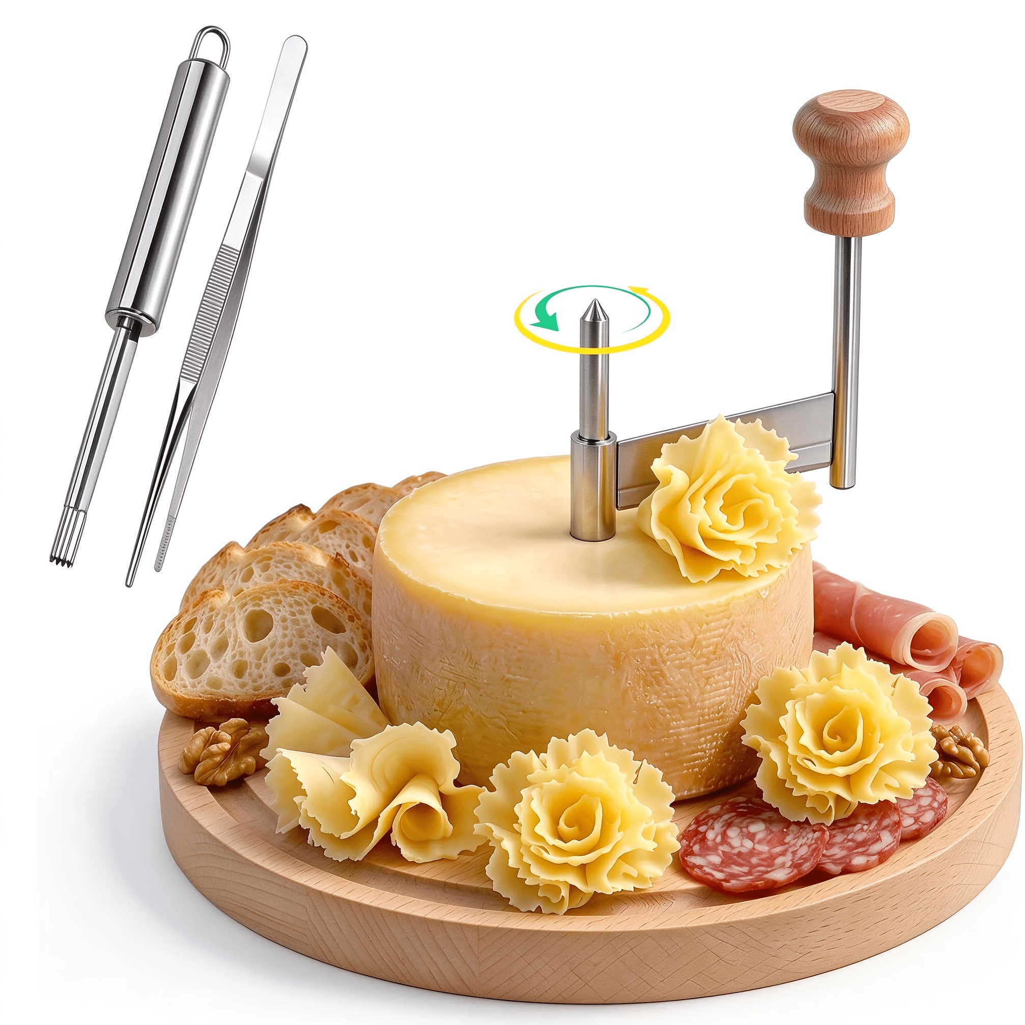 TEMU Premium Wood Cheese Curler With Food-grade Stainless Steel Blade, Cheese Curling Set Includes Pliers And Hole Punching Tool, Ideal For Tete De