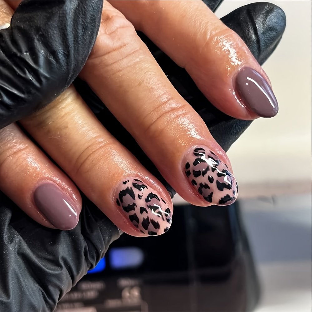 E-shop 24 Stück Kurze Ovale Braune Leopardenmuster Nagelaufkleber, Abnehmbare DIY Acrylnägel, Bezahlbare Natürliche Nägel für Frauen den