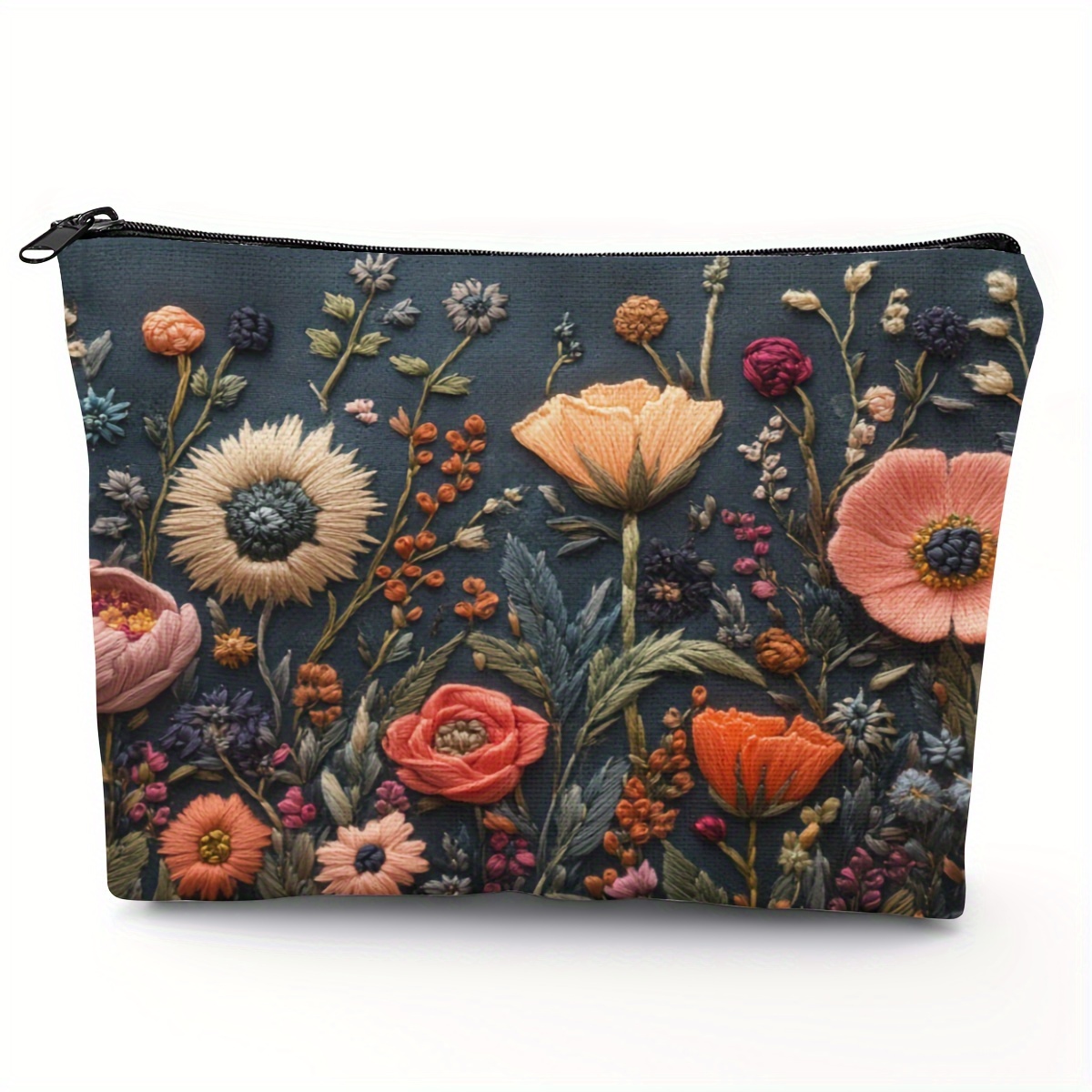 

Embroidered Polyester Cosmetic Bag - , Zippered For And Toiletries