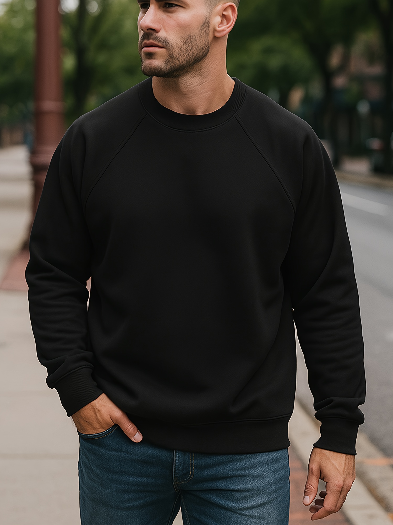 男士1件装，圆领宽松卫衣，显瘦长袖卫衣， 纯色长袖t恤男，宽松休闲打底衫，拼接内搭打底衫，舒适百搭，简约经典，适合日常活动和运动时穿着 0