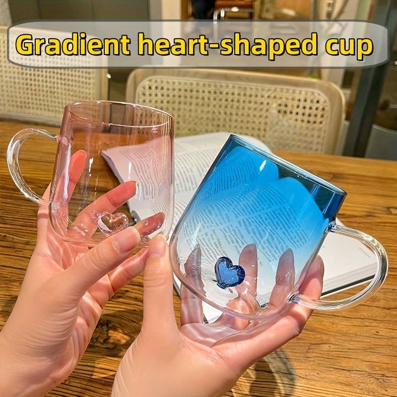 

Charming Heart-shaped Glass Mug With Handle - Perfect For Coffee, Tea & Milk | Transparent Blue Or Pink Gradient Design