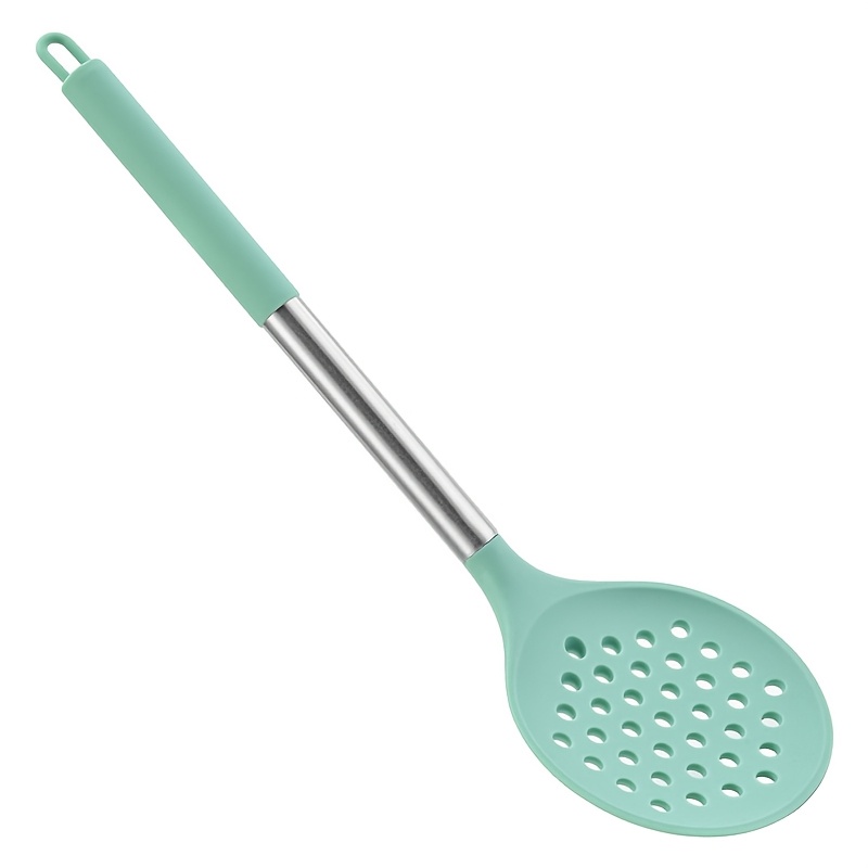 Image of 1pc Silicone Large Slotted Spoon, High-temperature Resistant, For Filtering, With A Long Handle For Noodles, Dumplings, Draining, Pasta, Hot Pot, And A Stainless Steel Handle For Cooking