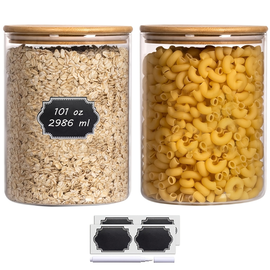 TEMU Set Of 2 Large Glass Flour And Sugar Containers 101oz Thicken Glass Storage Jars With Airtight Bamboo Lid And Labels For Kitchen Storage