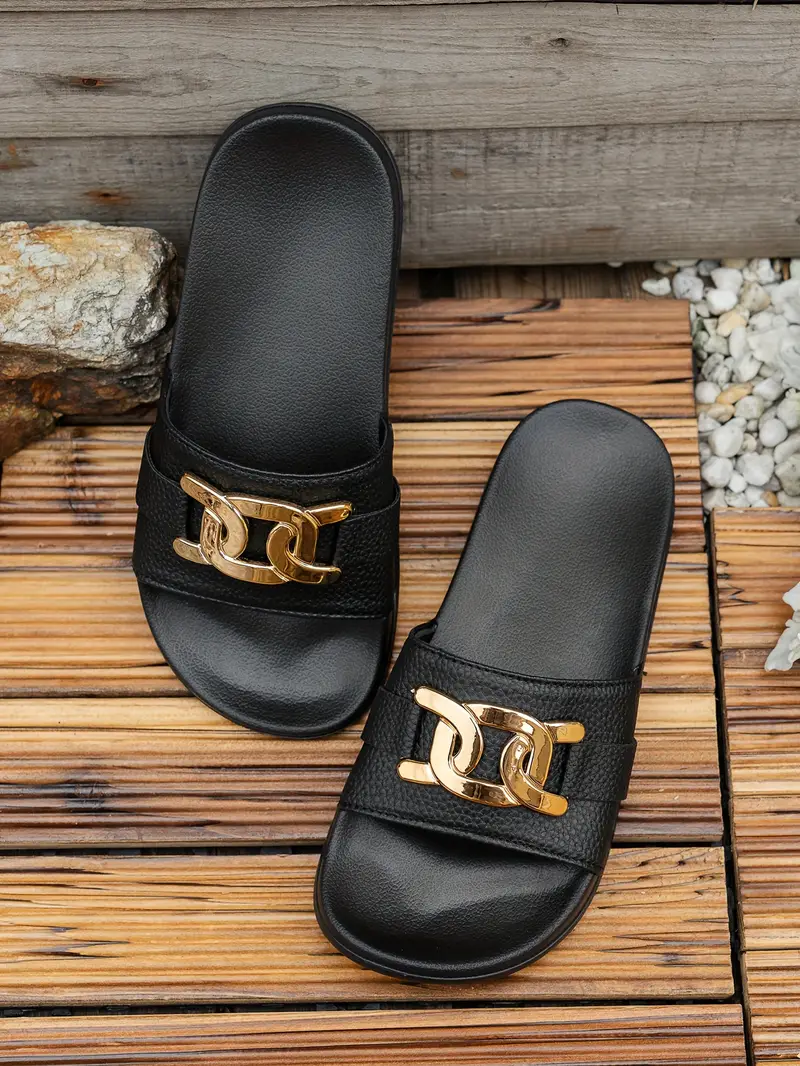 1 pair womens summer fashion elegant golden round toe slides slip on sandals for beach party indoor outdoor low heel polyurethane upper fabric inner eva sole insole details 4
