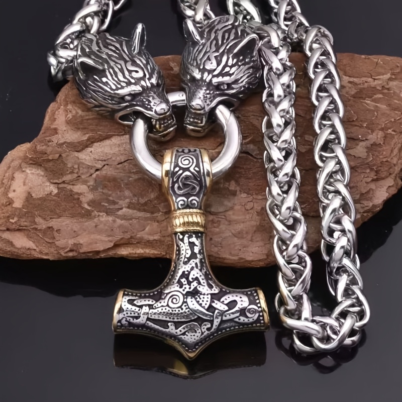 TEMU Stainless Steel Wolf Head Pendant, Viking Vintage Amulet Necklace