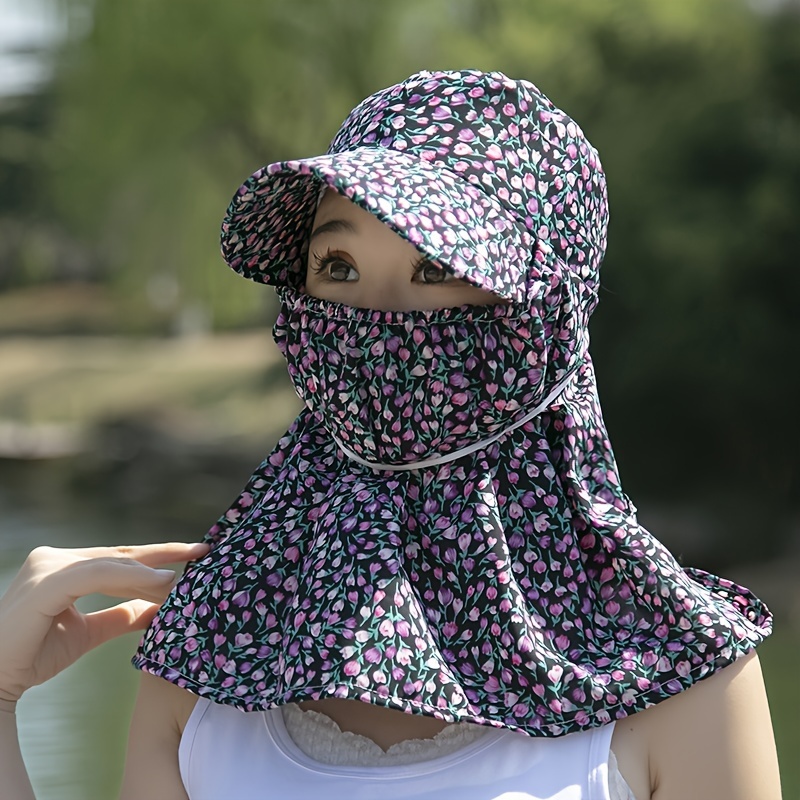 Floral Print Sun Hat Full Face Mask Uv Protection Hat Neck - Temu