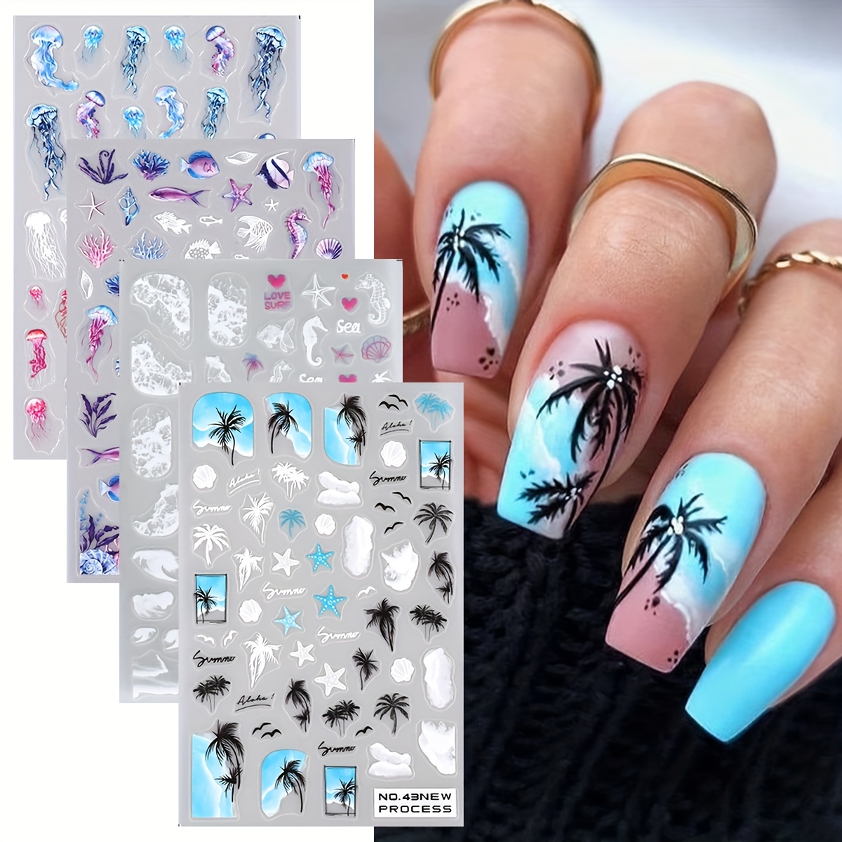

4 Sheets Coconut Tree Nail Art Stickers Jellyfish Shell Starfish Ocean Beach Wave Sea Summer Nail Decals Diy Design Charms Manicure Decoration