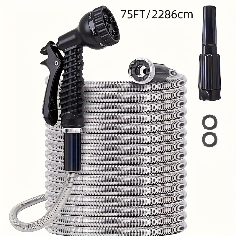 TEMU Flexible Portable Stainless Wash Hose, Multi-functional Garden Hose, Outdoor Water Hose, Leak-proof, Rust-proof, Light Weight, With Coupler And 2 Nozzles