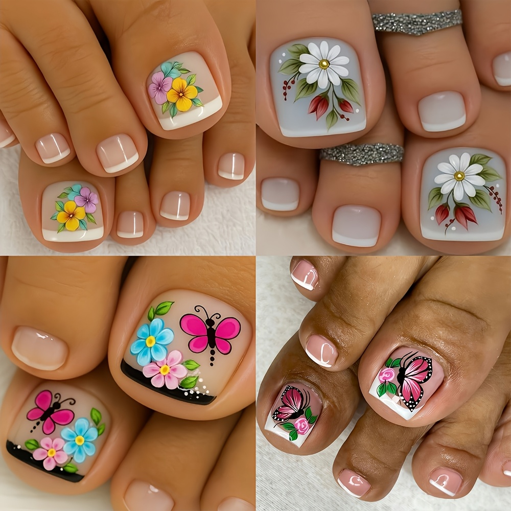 TEMU 96 uñas postizas cortas cuadradas con diseño floral francés, rosa nude, , rosa, margarita francesa , diseño floral de , combinación de efectos