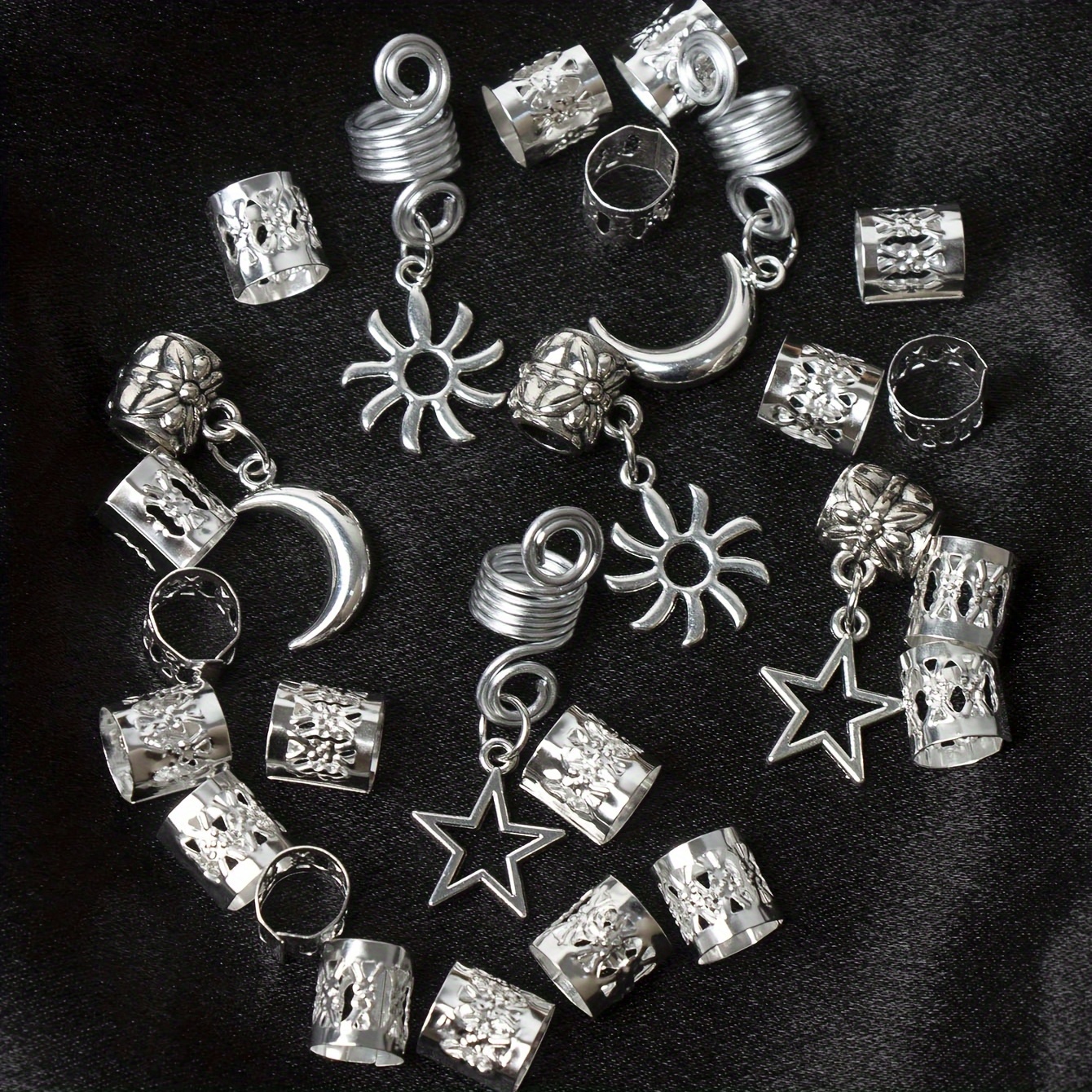 Set Of 26 Silvery Metal Braided Hair Beads Featuring Of Stars, , And Suns, Perfect For A Bohemian Look. Ideal For Daily Use, Festivals, Parties, Events
