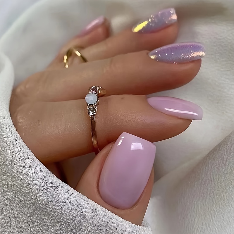 24pcs Short Square Press-on Nails - Lavender To Pink Ombre Glitter False Nails With Pearlescent Accents, Spring Summer Elegant Fake Nails For Women, Reusable Artificial Nails