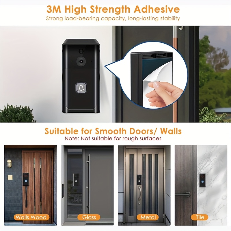 Timbre de puerta inalámbrico, audio bidireccional, video HD, cámara de timbre inalámbrico, cámara Wi-Fi con visión nocturna, alerta en tiempo real, alimentado por batería, timbre inteligente con campana, timbre de seguridad inteligente para el hogar, almacenamiento local y en la nube, fácil instalación.