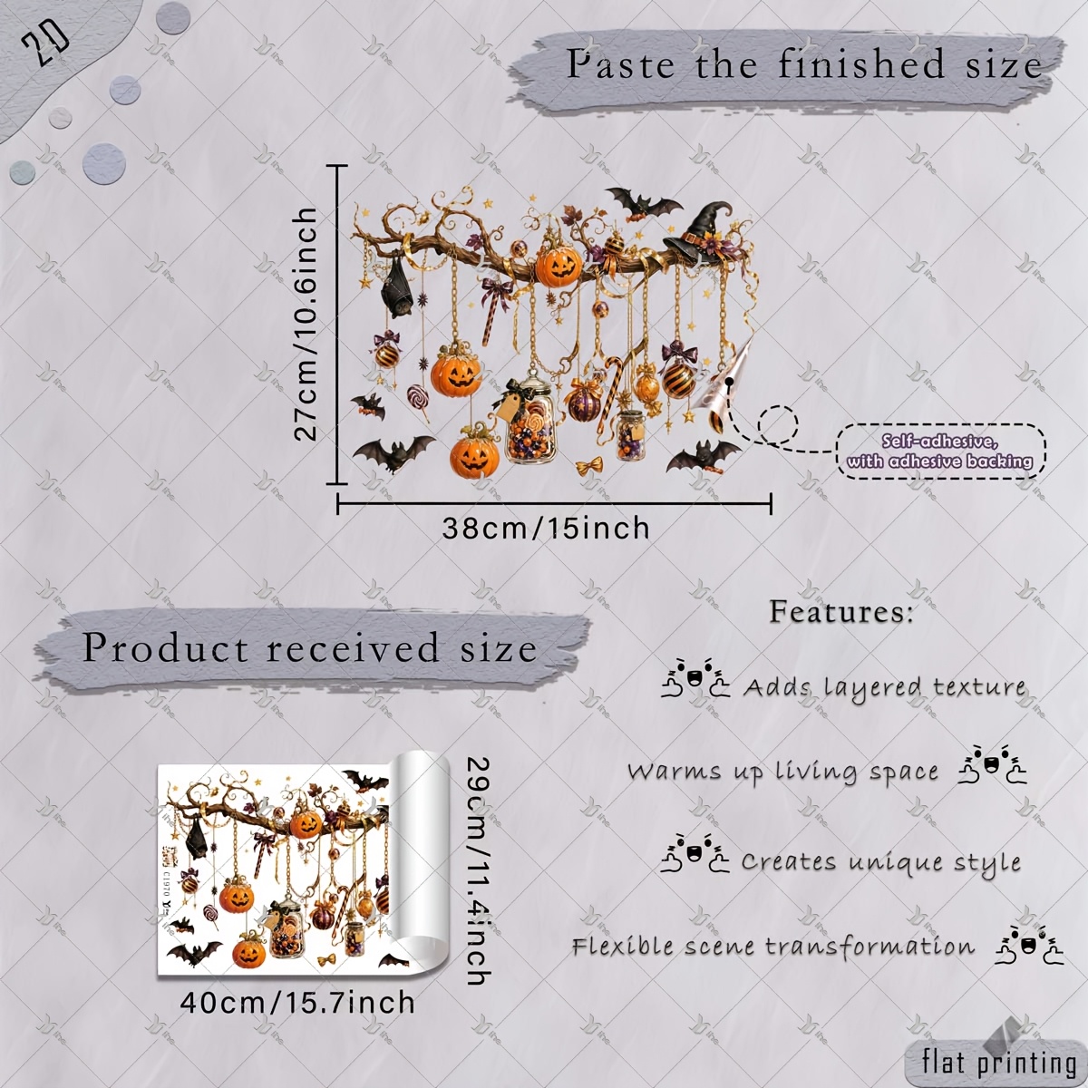 TEMU 2d Flat, 1pc 2d Flat Printed Halloween Wizard Hat Branch Hanging Pumpkin Candy Jar Color Ball Bow Bat 30*40cm Window Stickers Diy Self-adhesive