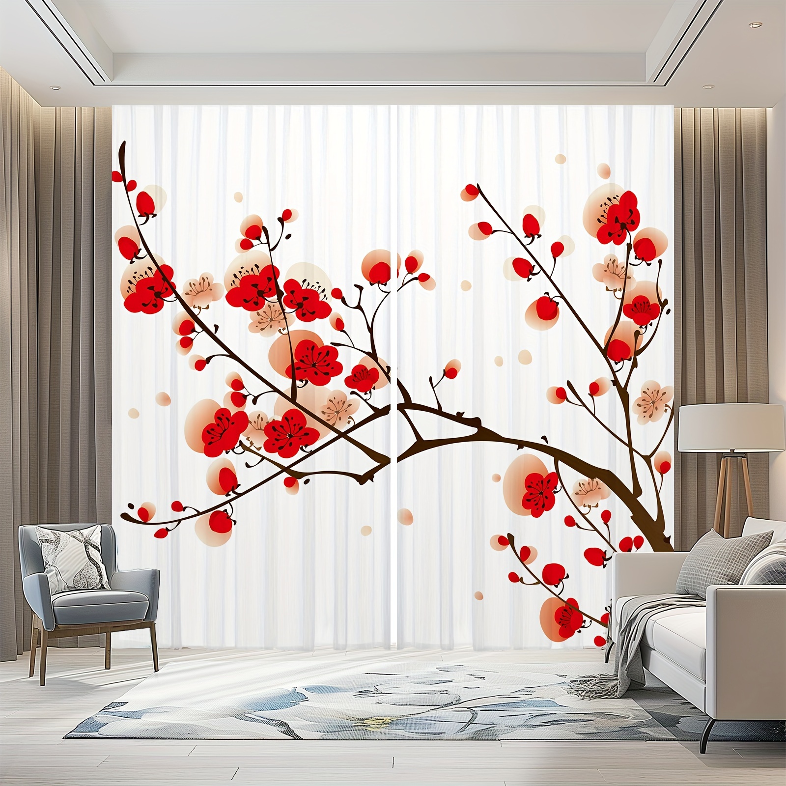 TEMU 2pcs Rideaux Voilages en Polyester avec Poches, Translucides, Décoration de Fenêtre Maison , Fleur de Prunier Rouge, Branches, Style , Décorez