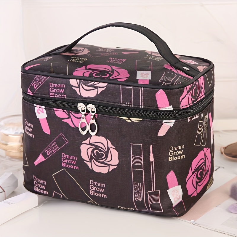 

1pc, Large Capacity Cosmetic Bag, Makeup Organizer, Foldable Storage Pouch, Portable Toiletry Bag With Handle, Travel Essential, Beauty Case - Floral & Lipstick Print