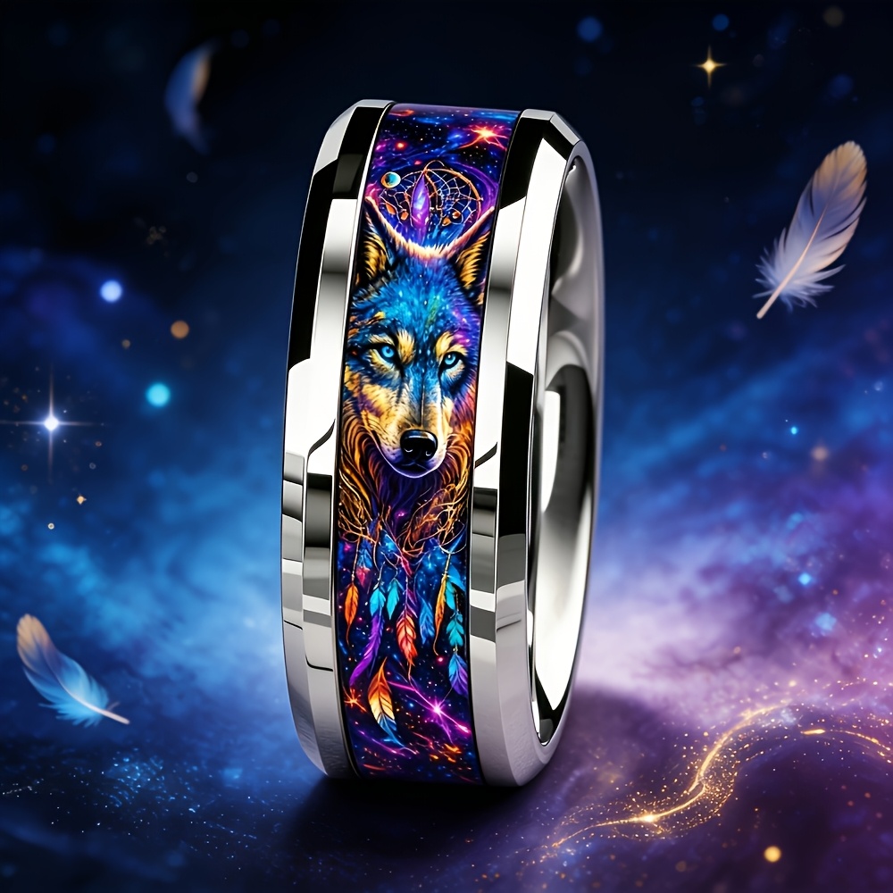 Unisex Dreamy Starry Rainbow Wolf Ring, Unique Design