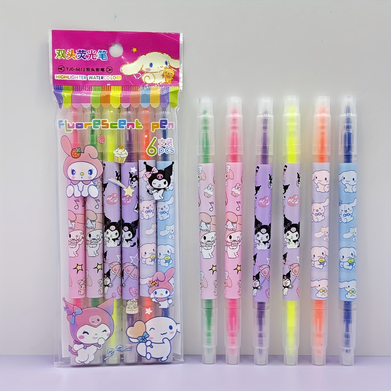 E-shop Sanrio 6er-Pack Sanrio Charakter Textmarker - Schnelltrocknende, mittelstiftige Farbstifte mit niedlichen Charakter-Kappen, geeignet für Büro,
