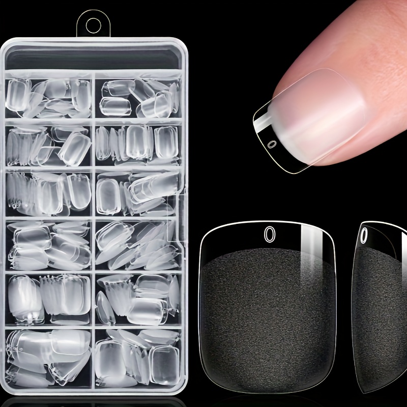 

240pcs Nude & Black Press-on Nail Kit - Square, Half Matte With Accents, Full Coverage Fake Nails Set In Clear Organizer Box For Easy Diy Manicure, Nail Accessories