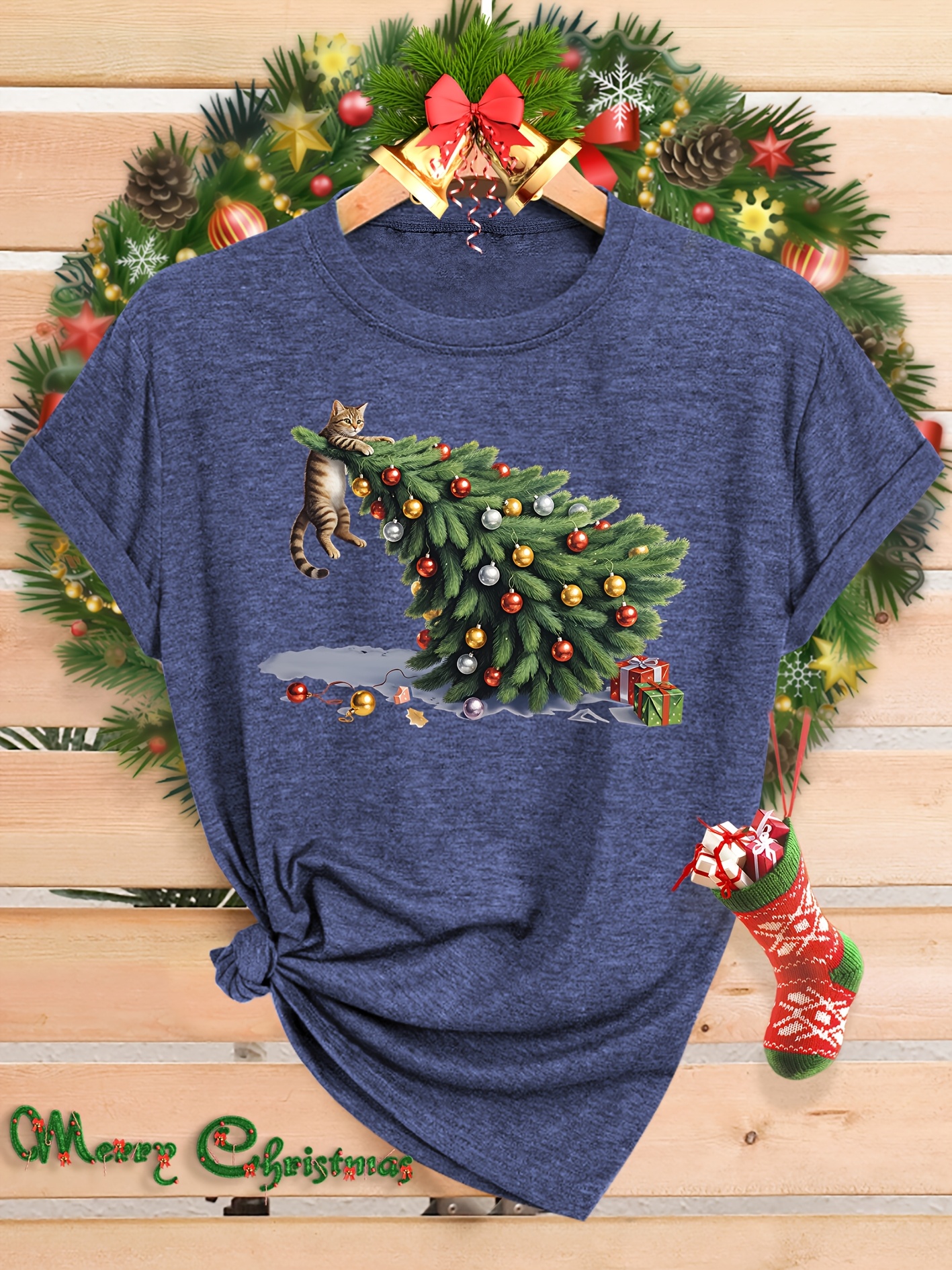 Women's Christmas Print Round Neck Short Sleeve Casual Versatile T-Shirt