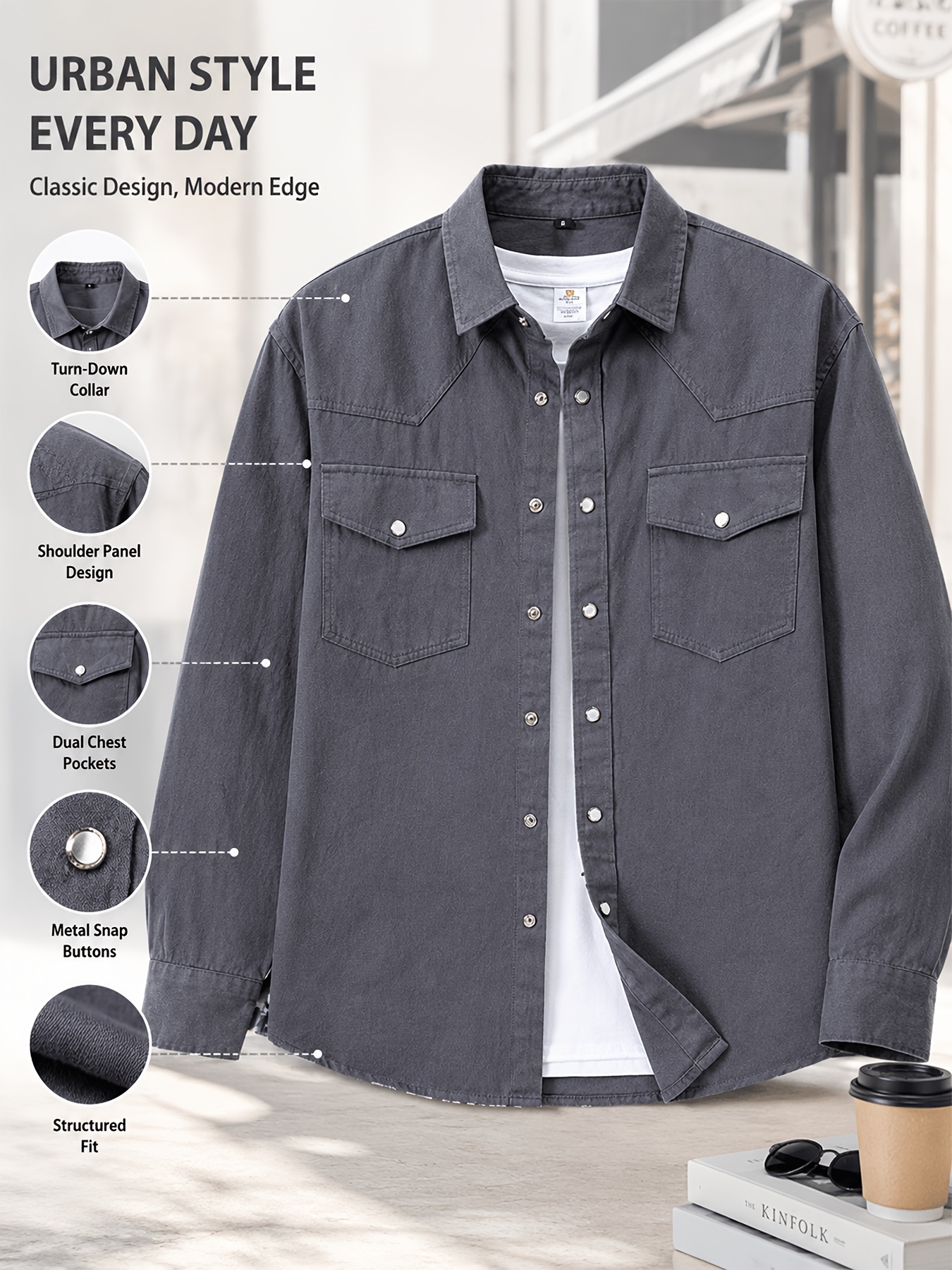 Men's American Workwear Style Shirt Jacket with Snap Buttons, Dual Chest Pockets, Structured and Well-Fitted. Soft and Breathable, Can Be Worn Alone or Layered. Versatile Basic Long-Sleeve Top for Daily Commuting, Work, Dates, and Weekend Casual Wear