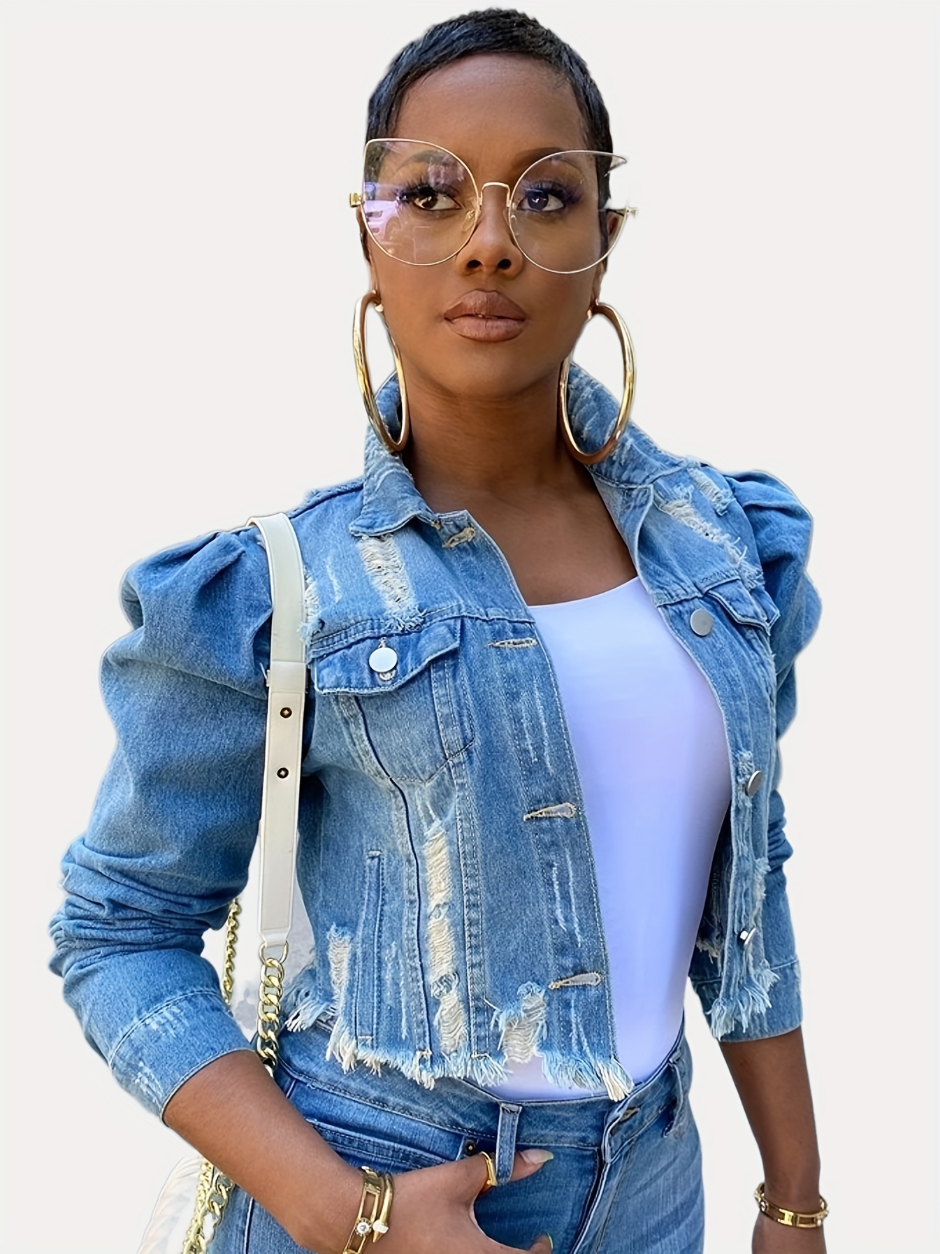 puff sleeve denim jacket sold on Temu United States