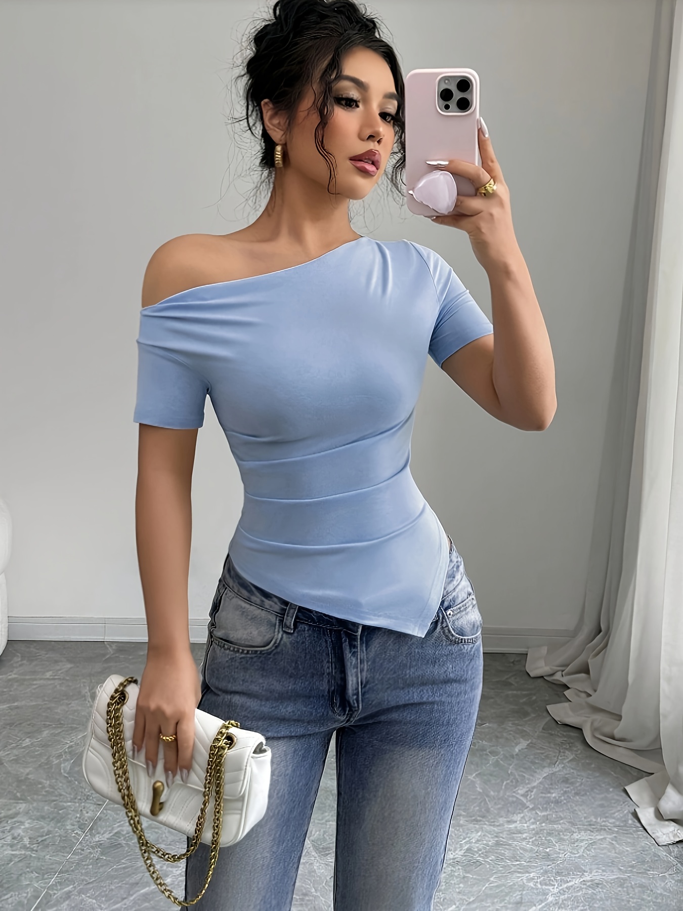 blusa mujer cuello bote hombreo asimétrico camiseta elástica